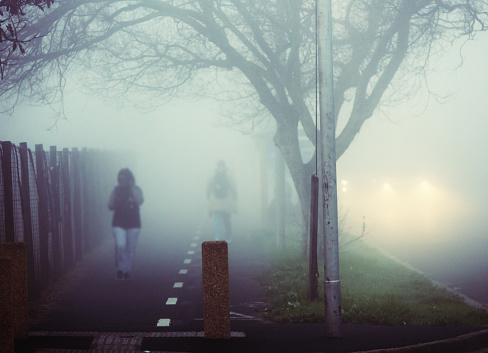 Two pedestrians walk along a suburban sidewalk lined with trees on a foggy day.
