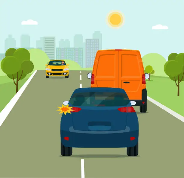 Vector illustration of The car is going to overtake on a suburban highway. Vector flat style illustration.
