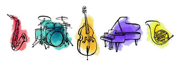 Hand drawn music instruments. Orcestra. Horizontal banner or cover for social media. Ink style vector illustration with watercolor stains on white background
