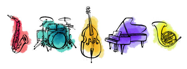 Hand drawn music instruments. Orcestra. Horizontal banner or cover for social media. Ink style vector illustration with watercolor stains on white background. Hand drawn music instruments. Orcestra. Horizontal banner or cover for social media. Ink style vector illustration with watercolor stains on white background double bass stock illustrations