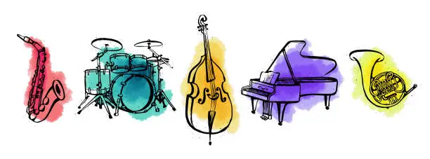 Vector illustration of Hand drawn music instruments. Orcestra. Horizontal banner or cover for social media. Ink style vector illustration with watercolor stains on white background.