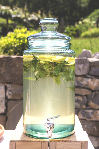 Lemonade Prepared with Lemon Slices and Mentha Leaves in a Glass Dispenser