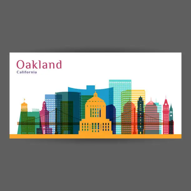 Vector illustration of Oakland city, California architecture silhouette. Colorful skyline. City flat design. Vector business card.