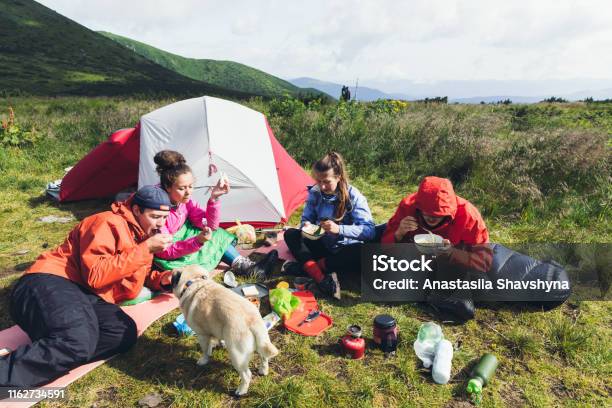 Friends And Dog Having Breakfast Near The Tent In The Mountains Stock Photo - Download Image Now