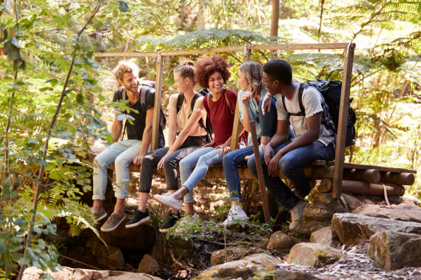 istock Five millennial friends sitting on a bridge in a forest talking during a hike, full length 1162736618