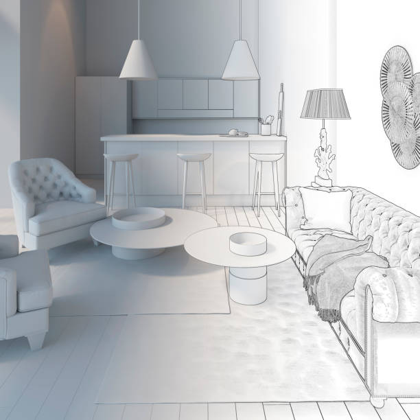 istock Sketch of living room with kitchen goes into white computer stuff 1162738102