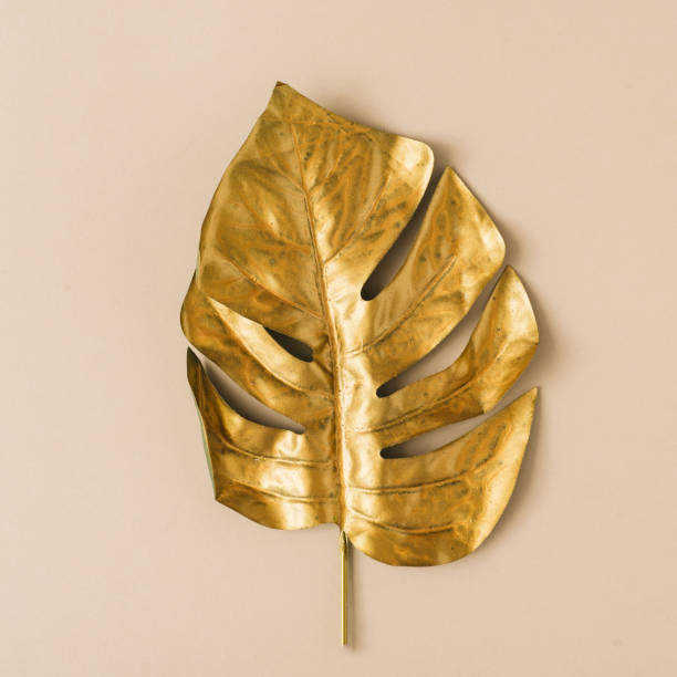 istock Creative layout made of golden tropical leaf on beige background. 1162738710