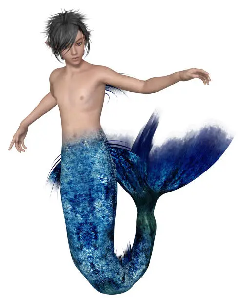 Fantasy illustration of a young dark haired merman with dark blue fish scales swimming, 3d digitally rendered illustration