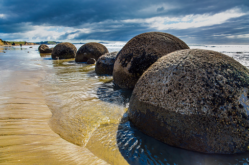 Row of huge round boulders Moeraki on a sandy beach. Noon. The Pacific ocean tide begins.  New Zealand. The concept of ecological, exotic and phototourism