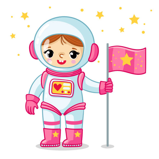 La petite fille de cosmonaute dans une combinaison spatiale retient un drapeau dans sa main. - Illustration vectorielle