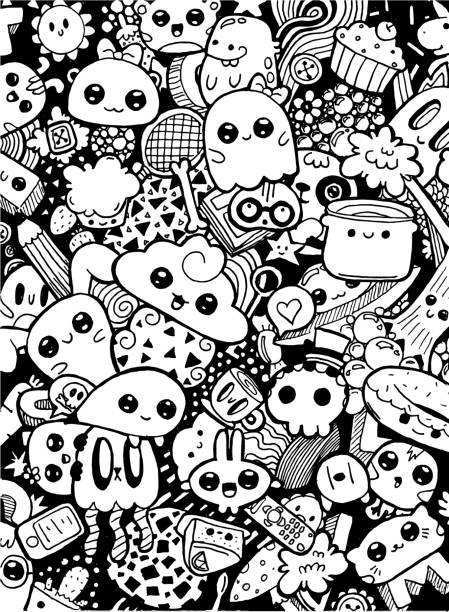 ilustrações de stock, clip art, desenhos animados e ícones de doodling cute kawaii cartoon characters. black and white coloring - monster cartoon bizarre characters