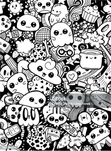 Doodling Cute Kawaii Cartoon Characters Black And White Coloring Stock  Illustration - Download Image Now - iStock