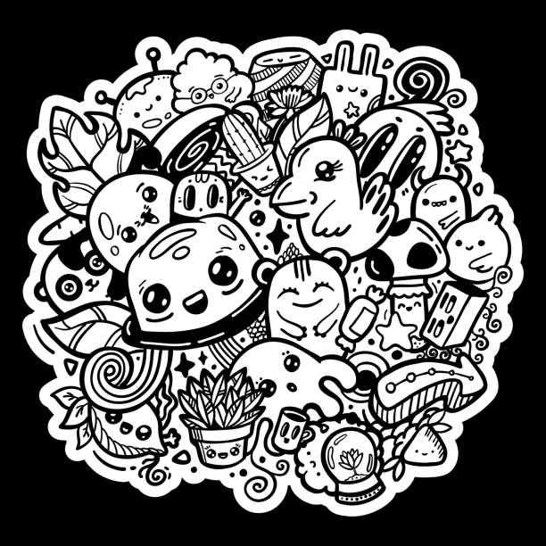 illustrations, cliparts, dessins animés et icônes de doodle kawaii personnages de dessins animés mignons. coloriage de tatouage noir et blanc - graffiti illustrations