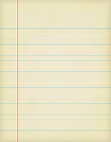A vertical vector illustration of a plain blank off white colored  lined page from a spiral notepad. The single lines are in blue color over a yellowed background. There is a margin consisting of three vertical red coloured lines towards the left edge.