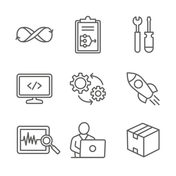 DevOps Icon Set with Plan, Build, Code, Test, Release, Monitor, Operate and Package DevOps Icon Set - Plan, Build, Code, Test, Release, Monitor, Operate and Package digital repository stock illustrations