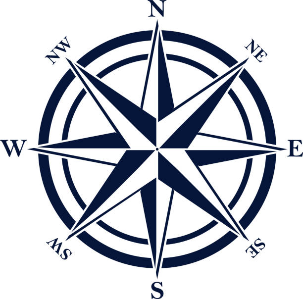 компас поднялся с восемью сокращенными инициалами. синий символ навигации и ориентации. - compass compass rose direction north stock illustrations
