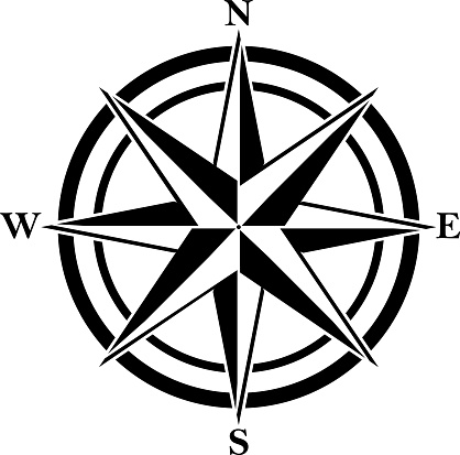 Compass rose with four abbreviated initials. Black navigation and orientation symbol.
