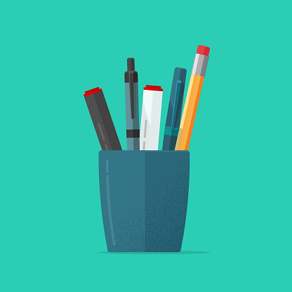 Pencils holder vector illustration or flat cartoon blue glass with stationery pens isolated