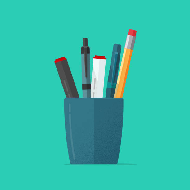 Pencils holder vector illustration or flat cartoon blue glass with stationery pens isolated clipart Pencils holder vector illustration or flat cartoon blue glass with stationery pens isolated blue cup stock illustrations
