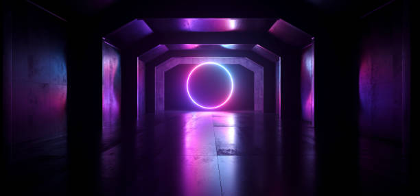 istock Sci Fi Future Neon Purple Blue Glowing Circle Shape Empty Dark Spaceship Tunnel Underground Vibrant Lasers Shape Grunge Concrete Reflective Graphic Background 3D Rendering 1162768611
