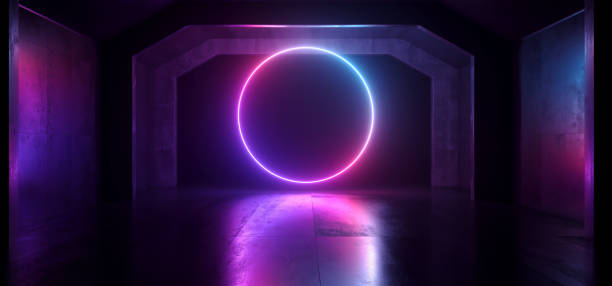 istock Sci Fi Future Neon Purple Blue Glowing Circle Shape Empty Dark Spaceship Tunnel Underground Vibrant Lasers Shape Grunge Concrete Reflective Graphic Background 3D Rendering 1162768614