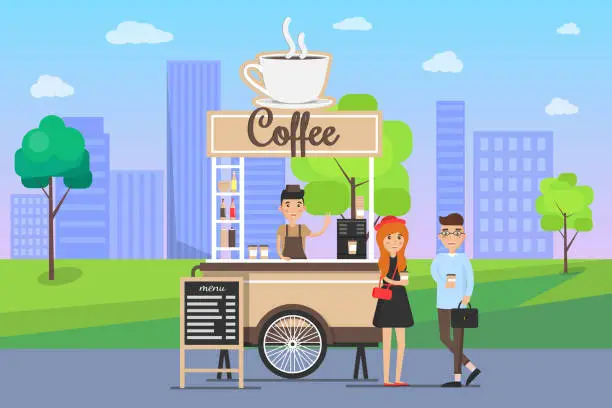 Vector illustration of Hot Coffee Street Cart with Vendor and Buyers