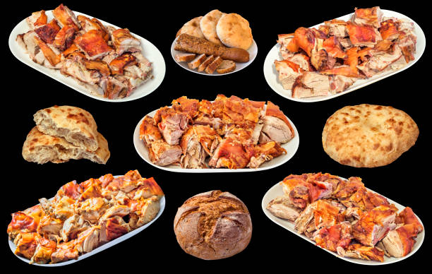 plateful of freshly spit roasted pork meat slices with pita leavened flatbread loaves and integral whole wheat dark bread isolated on black background - roasted spit roasted roast pork barbecue grill imagens e fotografias de stock