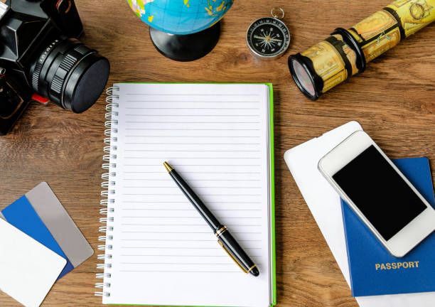 istock Notepad, credit cards, passport, ticket, camera, phone and compass 1162773903