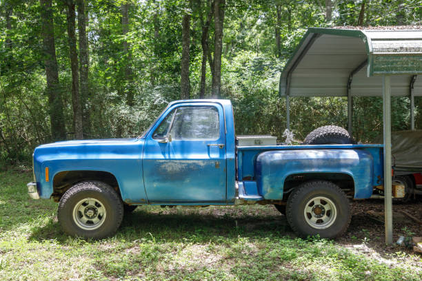 istock old vintage blue pickup truck parked in a backyard 1162773906