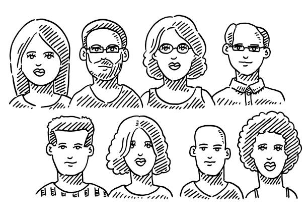 Group Of Eight Portraits Drawing Hand-drawn vector drawing of a Group Of Eight Portraits. Black-and-White sketch on a transparent background (.eps-file). Included files are EPS (v10) and Hi-Res JPG. black and white eyeglasses clip art stock illustrations