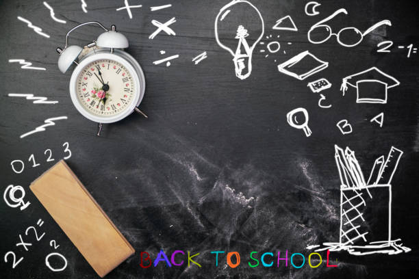 istock Eraser with white alarm clock on blackboard for background, chalkboard texture for Education background 1162777843