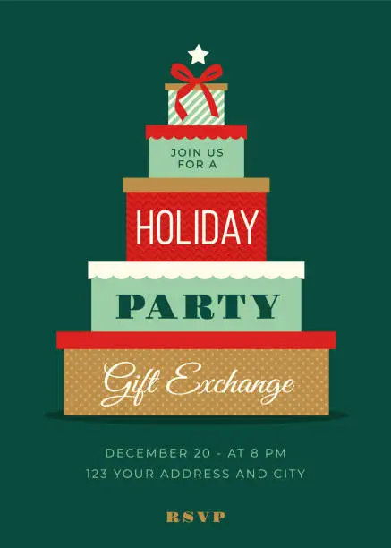 Vector illustration of Holiday Party invitation with gift boxes.