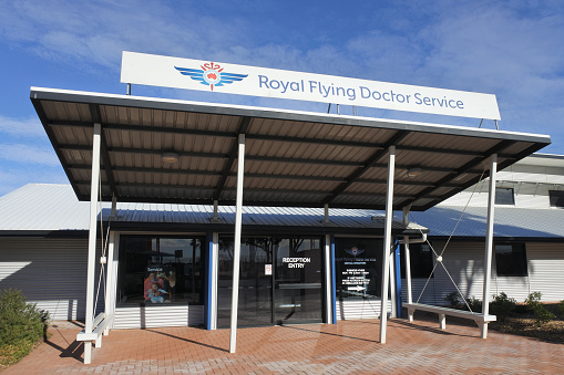 Port Augusta, South Australia - May 17 2019:Royal Flying Doctor Service of Australia Dispatch service building provides emergency and health care services for Australians in rural and remote areas of Australia.