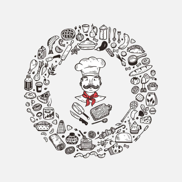 istock Cooking. Vector Set for menu decoration. Food round frame with Hand drawn doodle Chef and Kitchen utensils 1162787539
