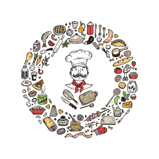 istock Cooking. Vector Set for menu decoration. Food round frame with Hand drawn doodle Chef and Kitchen utensils 1162787557