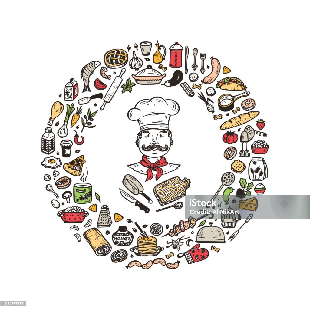 Cook Vector Set Cooking Vector Set For Menu Decoration Food Round Frame With Hand Drawn ...
