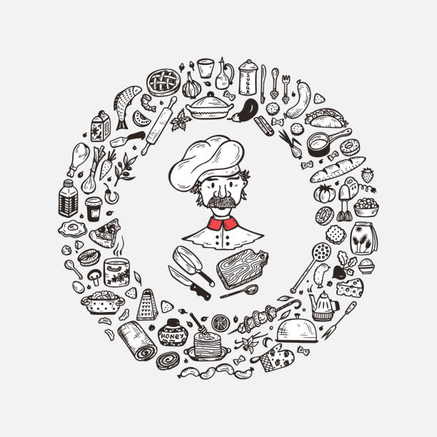 istock Cooking. Vector Set for menu decoration. Food round frame with Hand drawn doodle Chef and Kitchen utensils 1162787558