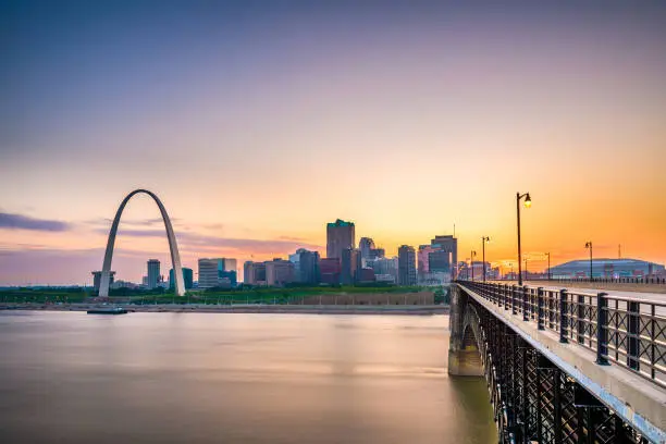 Photo of St. Louis, Missouri, USA downtown cityscape on the Mississippi River at twilight.
