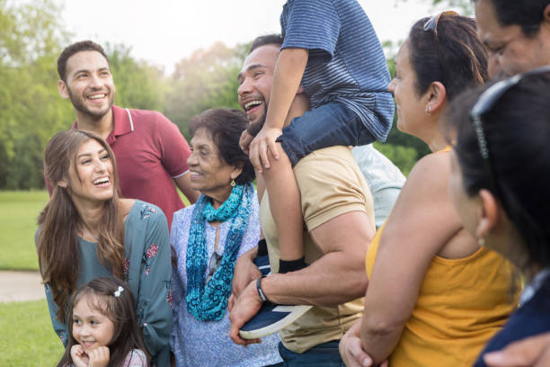 la grande famiglia partecipa alla riunione di famiglia - riunione di famiglia foto e immagini stock