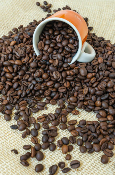 istock Orange cup among coffee beans on jute. 1162792124