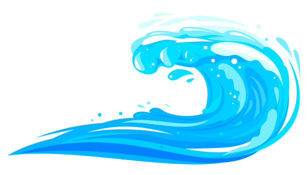 Ocean wave isolated flat illustraton One big blue ocean wave in side view isolated illustration in flat style, wonderful big surfing wave water wave side view stock illustrations