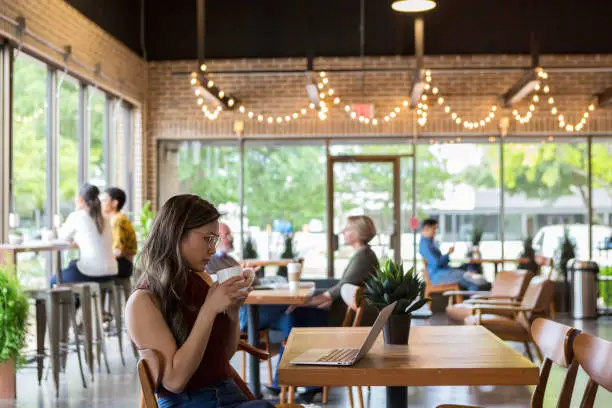 Businesswoman concentrates while reviewing a document on her laptop. She is sitting in a coffee shop.