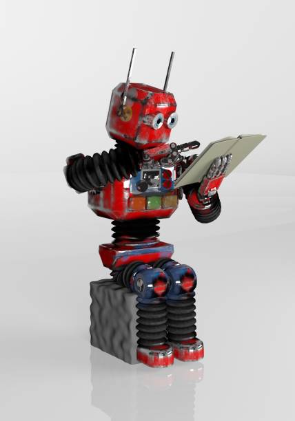 istock Robot is sitting on a stone and reading a book.3d.render. 1162801746