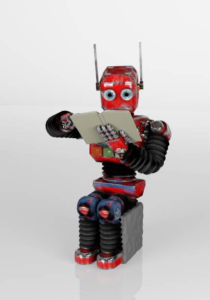 istock Robot is sitting on a stone and reading a book.3d.render. 1162801788