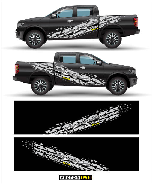 illustrations, cliparts, dessins animés et icônes de camion 4 roues motrices et voiture vectortruck graphique 4 roues motrices et véhicule vecteur graphique. lignes abstraites avec la conception noire de fond pour l'enveloppe de vinyle de véhicule. lignes abstraites avec la conception grise de fond pour l' - envelopper