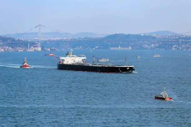 Photo of Large cargo container ship passing through Bosphorus, Istanbul, panorama of bosphorus