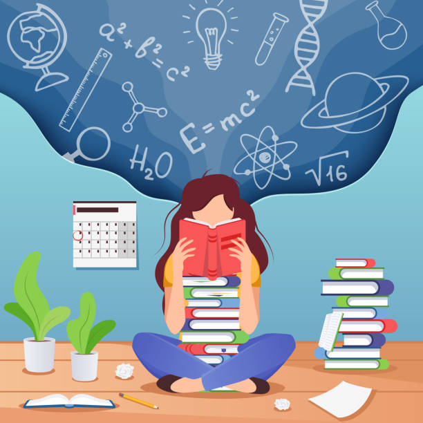 Girl prepare to exam. Young woman sitting read book and thinking about formulas . Education, knowledge concept. School, study and literature Girl prepare to exam. Young woman sitting read book and thinking about formulas . Education, knowledge vector concept. School, study and literature student backgrounds stock illustrations