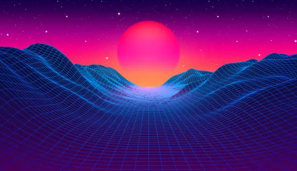 Vector illustration of 80s synthwave styled landscape with blue grid mountains and sun over canyon