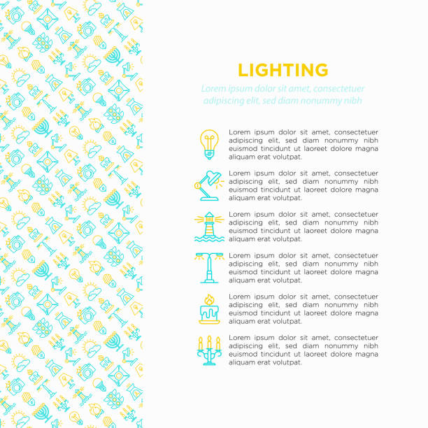 illustrazioni stock, clip art, cartoni animati e icone di tendenza di concetto di illuminazione con icone di linea sottile: lampadina, led, cfl, candela, lampada da tavolo, luce del sole, riflettore, flash, candelabro, falò, menorah, faro, lampada aroma. illustrazione vettoriale, modello di supporto di stampa. - night table flash