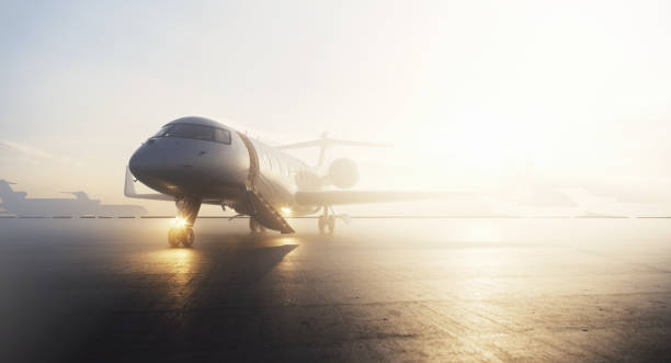 Business private jet airplane parked at terminal in sunrise. Luxury tourism and business travel transportation concept. 3d rendering. stock photo